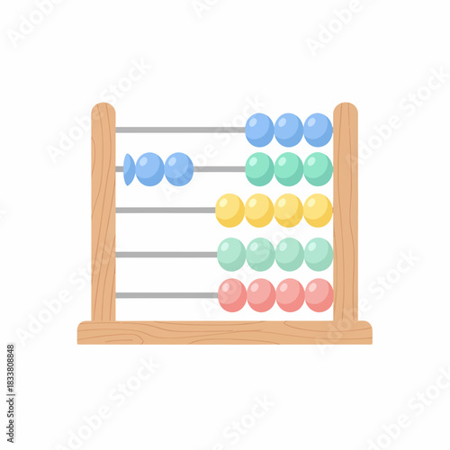 A colorful wooden abacus with five rows of beads in blue, green, yellow, and pink, used as a counting tool for children's education.