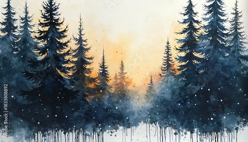 Wallpaper Mural Evergreen Forest and Hazy Sky Watercolor Torontodigital.ca