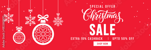 Festive red Christmas sale banner with hanging snowflake ornaments and baubles, elegant Christmas typography, special offer promotion with cashback and discount, ideal for holiday marketing and online