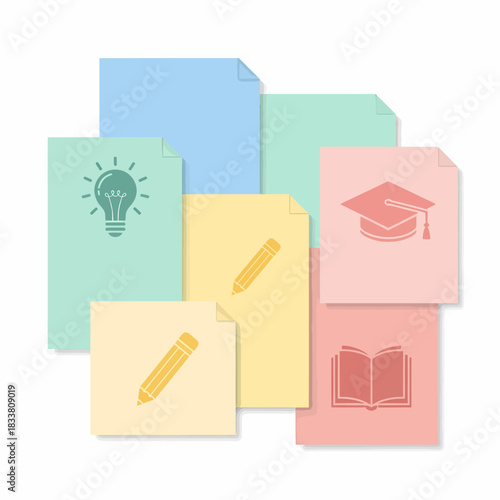 Colorful papers with icons representing ideas, education, writing, and learning concepts.