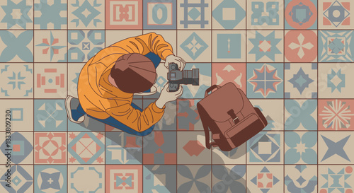 An overhead view captures a photographer documenting intricate, colorful patterned tiles on a historic floor, showcasing travel and artistic exploration.