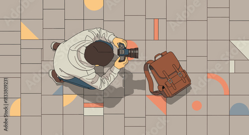 An overhead view captures a casual photographer on a geometrically patterned tiled ground, holding a camera next to a stylish brown backpack, illustrating urban creativity.