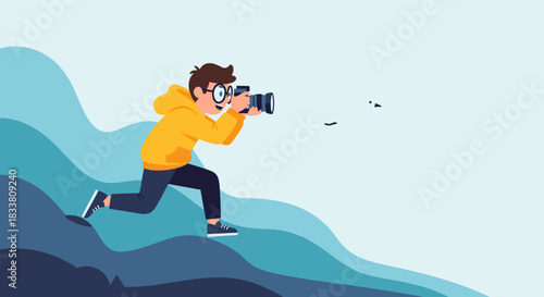 An energetic young man, wearing a yellow hoodie and glasses, runs down a stylized blue landscape, actively photographing with his camera, embodying adventure.