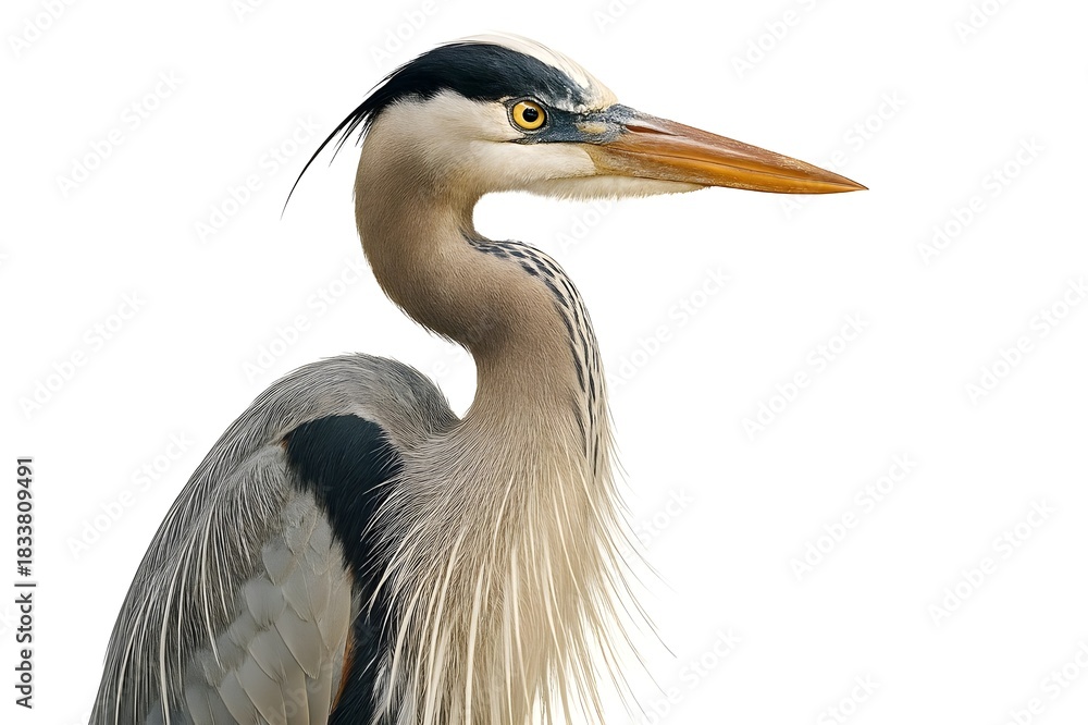 Obraz premium Great Blue Heron Close-Up Isolated on White – Detailed Avian Portrait for Ornithological Reference