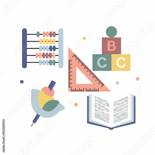 An illustration depicting various educational tools and learning supplies including an abacus, alphabet blocks, a ruler, a pencil, and an open book.