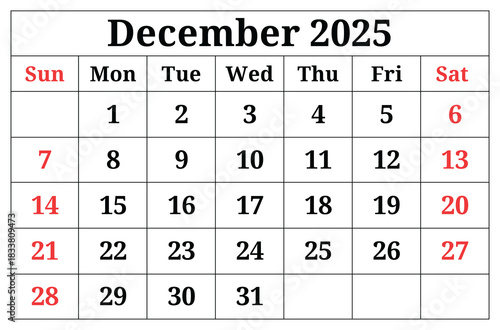 December 2025 ENGLISH month calendar. png transparent illustration
