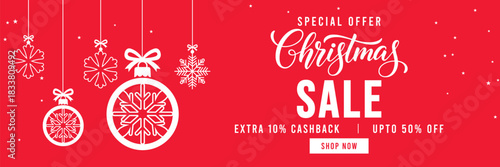 Festive red Christmas sale banner with hanging snowflake ornaments and baubles, elegant Christmas typography, special offer promotion with cashback and discount, ideal for holiday marketing and online