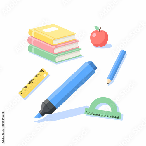 Colorful illustration of school supplies including books, an apple, marker, pencil, ruler, and protractor on a white background.