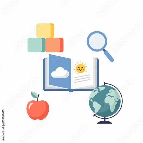 A collection of educational items including building blocks, an open book, a magnifying glass, an apple, and a globe, representing learning and childhood.