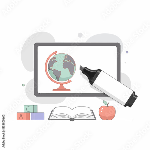 Educational illustration depicting a whiteboard with a globe, a marker, an open book, ABC blocks, and an apple, representing learning and school.