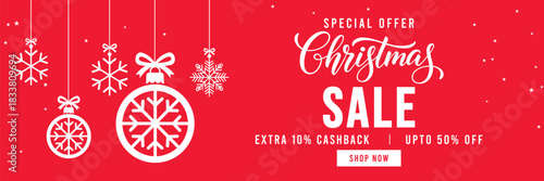 Festive red Christmas sale banner with hanging snowflake ornaments and baubles, elegant Christmas typography, special offer promotion with cashback and discount, ideal for holiday marketing and online