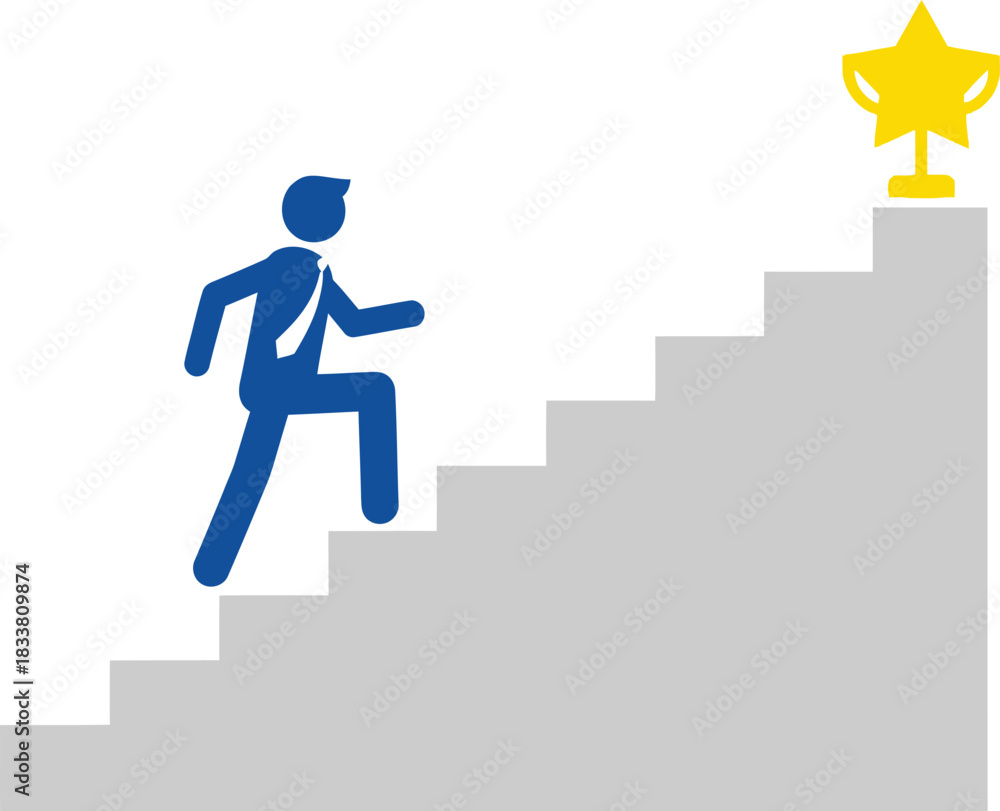 Obraz premium Silhouette of a determined businessman ascending a staircase towards a glowing star representing success and achievement in career advancement and goal attainment isolated on white background