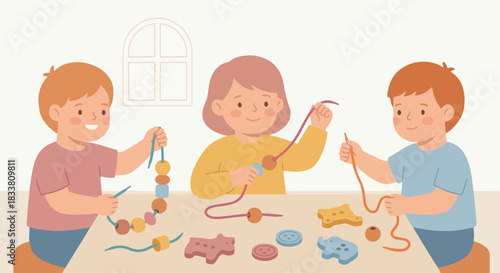 “Children practicing fine motor skills with beads and threading toys, flat style, warm soft colors, minimal background.”