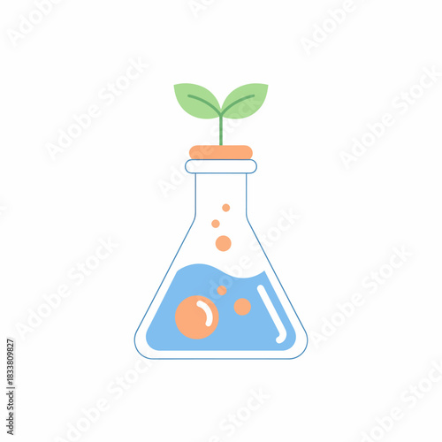 A laboratory flask with a growing plant emerging from the top, symbolizing biotechnology and scientific research.