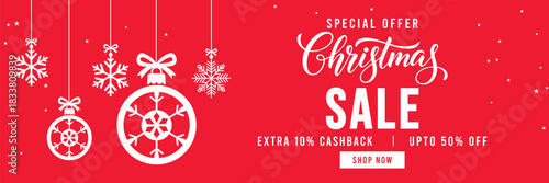 Festive red Christmas sale banner with hanging snowflake ornaments and baubles, elegant Christmas typography, special offer promotion with cashback and discount, ideal for holiday marketing and online