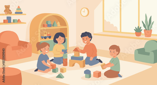 “Flat vector of kindergarten kids playing with wooden blocks, warm pastel colors, simple round shapes, friendly classroom setting, clean minimal design.”