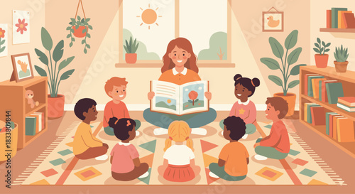 “Teacher reading a picture book to a circle of children on a colorful rug, soft warm tones, flat illustration, cozy kindergarten atmosphere.”