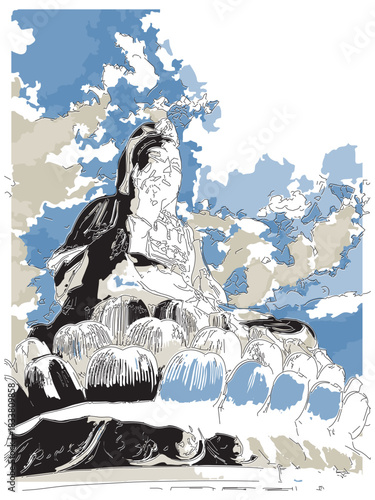  Sketch-style impressionnist painting,Outdoor Guanyin Bodhisattva statue,Digital illustration vector image 