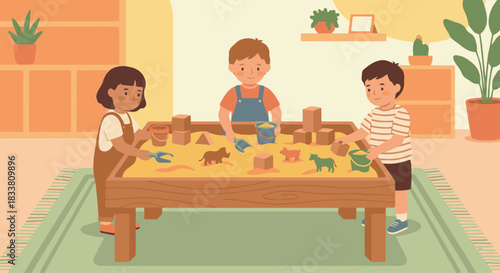 “Kids playing with sensory bins filled with sand and safe objects, warm flat vector, simplified forms, early childhood activity.”