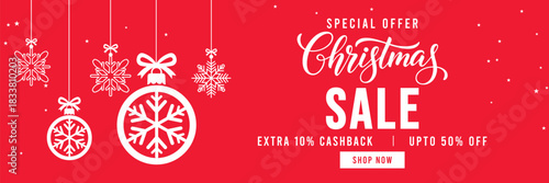 Festive red Christmas sale banner with hanging snowflake ornaments and baubles, elegant Christmas typography, special offer promotion with cashback and discount, ideal for holiday marketing and online