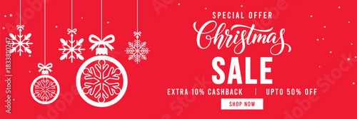 Festive red Christmas sale banner with hanging snowflake ornaments and baubles, elegant Christmas typography, special offer promotion with cashback and discount, ideal for holiday marketing and online