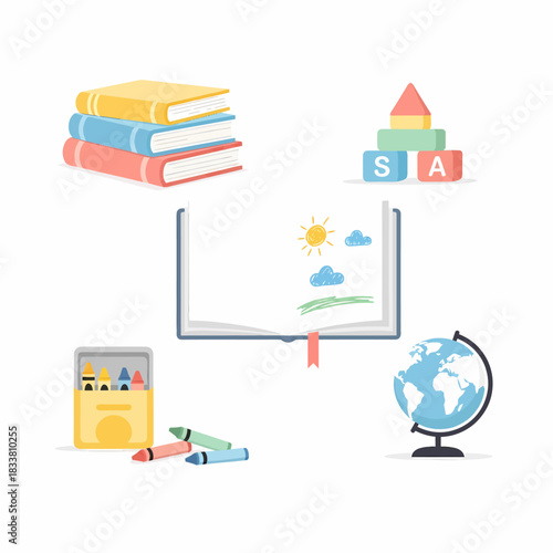 A vibrant collection of educational tools including stacked books, building blocks, an open drawing book, colorful crayons, and a world globe.