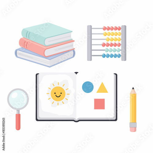 A collection of educational tools and learning supplies including books, an abacus, a magnifying glass, and a pencil, set against a white background.