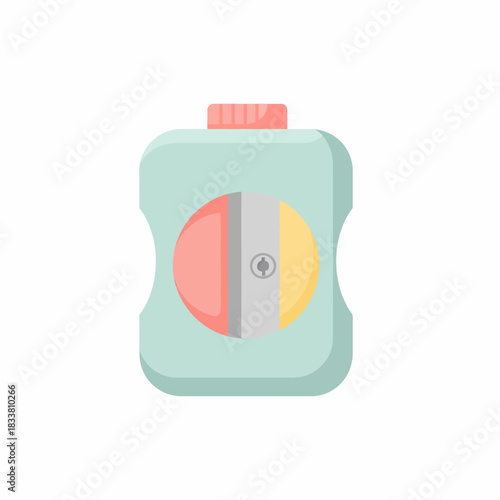 A pastel blue and pink pencil sharpener with a circular blade design on a white background.