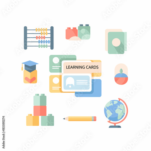 Collection of various educational tools and learning resources for children and students, including an abacus, building blocks, flashcards, a globe, and a pencil.