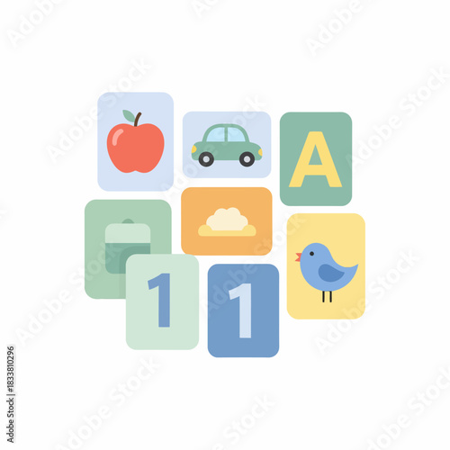 Colorful educational flashcards for children featuring numbers, letters, animals, and everyday objects for early learning.