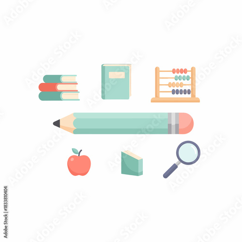 Collection of school supplies and educational tools in a flat design style.