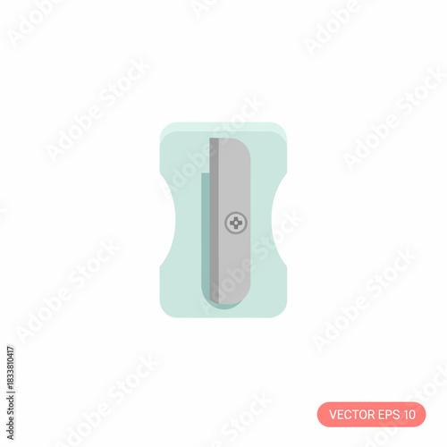 A simple flat design illustration of a light blue pencil sharpener with a silver blade, isolated on a white background.