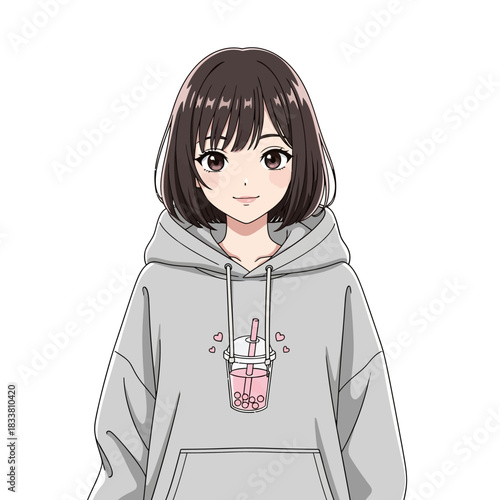 Cute anime girl wearing a bubble tea hoodie offers a fresh, trendy vibe for your next project, adding playful charm and youthful energy to any design