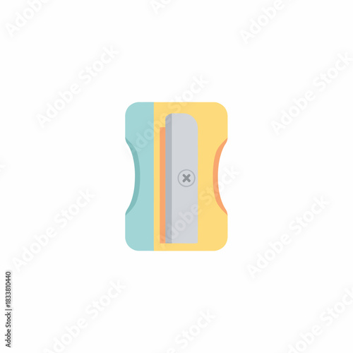 A simple flat design illustration of a yellow and light blue pencil sharpener with a silver blade.