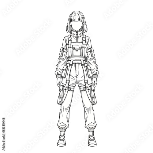 Trendy faceless anime girl in modern tactical streetwear, a bold fashion statement for edgy urban designs and futuristic character concepts, line art for coloring
