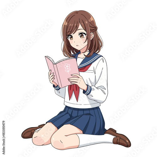 Charming anime student reading a heartwarming book, lost in a world of captivating stories and youthful dreams, perfect for education and slice-of-life themes