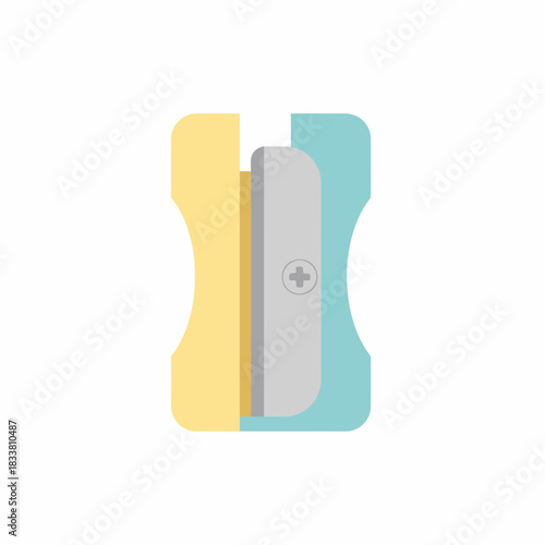A flat design illustration of a yellow and blue pencil sharpener with a grey blade and screw.