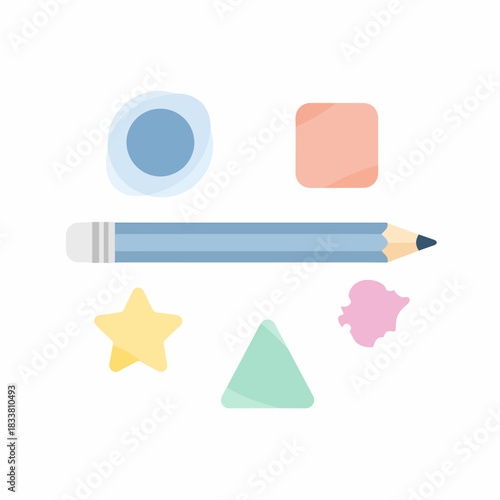 Flat design illustration of a blue pencil surrounded by various colorful geometric and organic shapes.