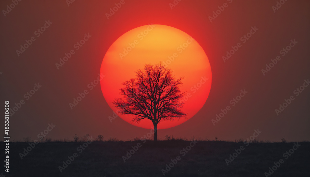Fototapeta premium Bare Tree Silhouetted Against Orange Sun