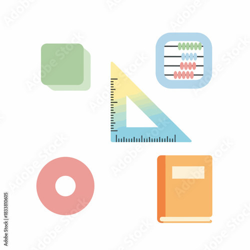 A collection of educational and mathematical tools and shapes, including an abacus, ruler, book, and geometric forms.