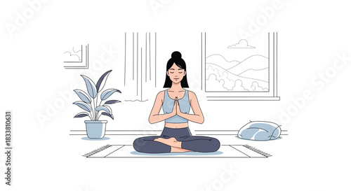 Serene young woman meditating in lotus pose holding a book peaceful home interior with plants natural light and minimalist decor for wellbeing isolated on white background