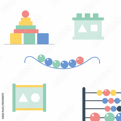 A collection of colorful children's educational toys including stacking blocks, a shape sorter, a marble run, and an abacus.
