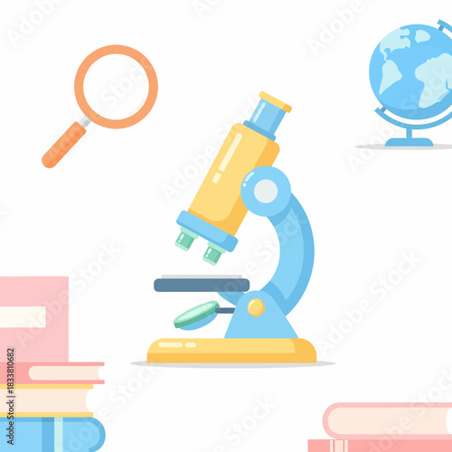 A flat illustration depicting various science and education tools like a microscope, magnifying glass, globe, and books.