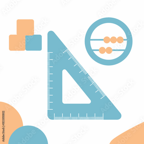 Flat design illustration of math and learning tools including a set square, abacus, and building blocks.