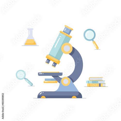 A blue and yellow microscope surrounded by scientific tools like a flask, magnifying glasses, and books, representing research and education.