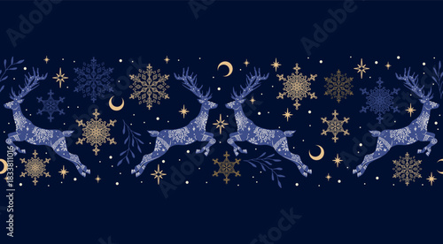 Christmas seamless border with deers and snowflakes on blue background. Vector  illustration