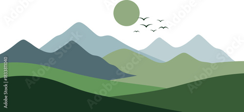 Serene mountain landscape with vibrant sun and flying birds minimalist style serenity nature scene isolated on white background