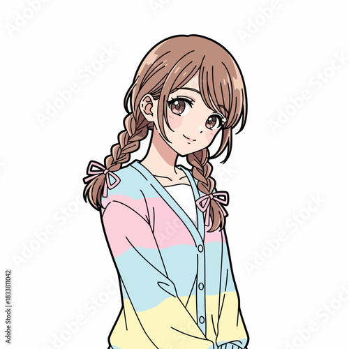 Charming anime girl with braided hair and pastel cardigan, radiating youthful innocence and perfect for fashion blogs or kawaii themed projects