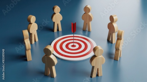 Wallpaper Mural Wooden figures surround a centralized target with an arrow hitting the bullseye Torontodigital.ca