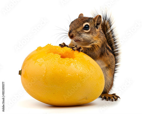 Cute Squirrel Biting Ripe Alphonso Mango Isolated on White